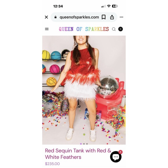 QUEEN OF SPARKLES Red Sequin Tank Red White Feathers Medium Christmas Valentine - Picture 6 of 7